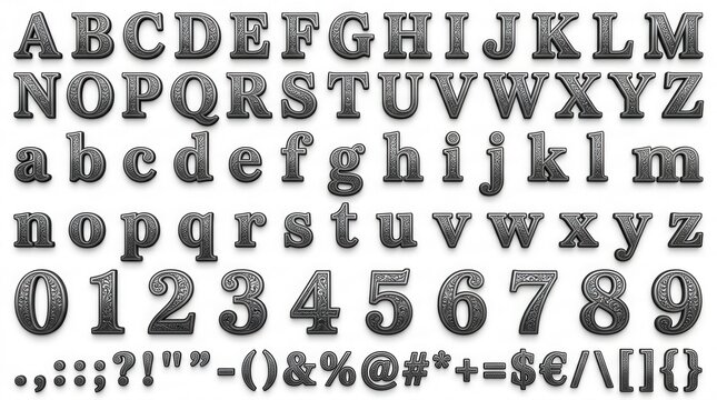 Alphabet font in ornate vintage style featuring numbers and punctuation, isolated on white background from a to z
