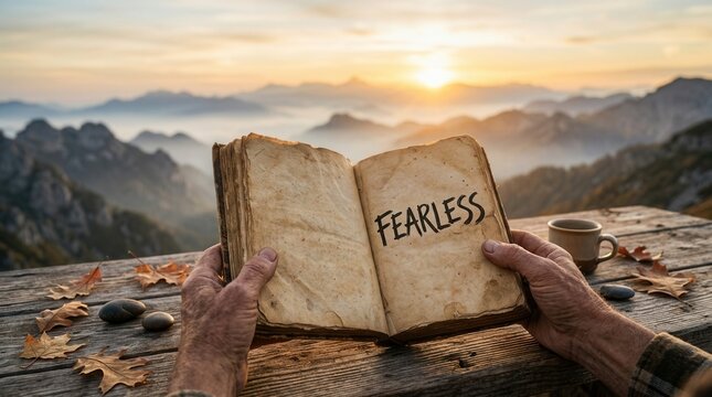Courage and inspiration signified by human hands holding an open book with fearless text against a tranquil mountain sunrise