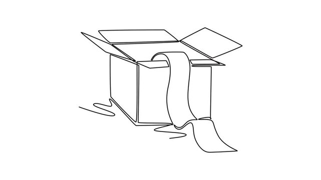 Receipt paper flower from an empty brown box that has been opened.E-Commerce logistic concept. Single line draw design. Full length animation illustration. High quality 4k footage