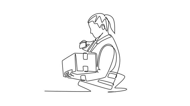 Warehouse stocker scanning a barcode on a delivery box.E-Commerce logistic concept. Single line draw design. Full length animation illustration. High quality 4k footage