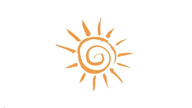 Hand-drawn orange sun icon with a dynamic spiral center, radiating warmth and positive energy, symbolizing summer, brightness, and a cheerful optimistic outlook