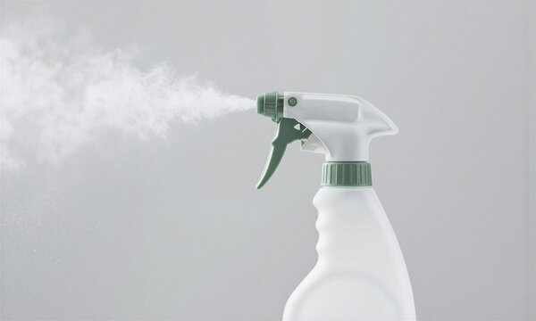 Spray bottle mist spraying a fine cloud of liquid cleaner against a neutral grey background with copy space