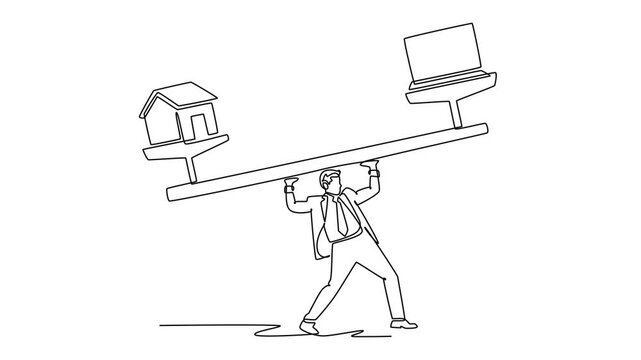 Carrying the weight of work and personal responsibilities.Work life balance concept. Single line draw design. Full length animation illustration. High quality 4k footage
