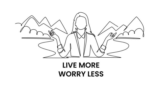 Living with less stress and more happiness.Work life balance concept. Single line draw design. Full length animation illustration. High quality 4k footage