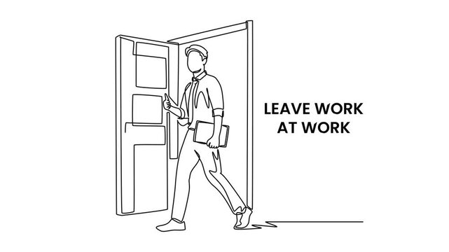 Leaving work behind to enjoy personal time.Work life balance concept. Single line draw design. Full length animation illustration. High quality 4k footage