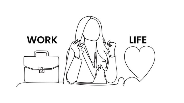 Finding harmony between career and personal happiness.Work life balance concept. Single line draw design. Full length animation illustration. High quality 4k footage