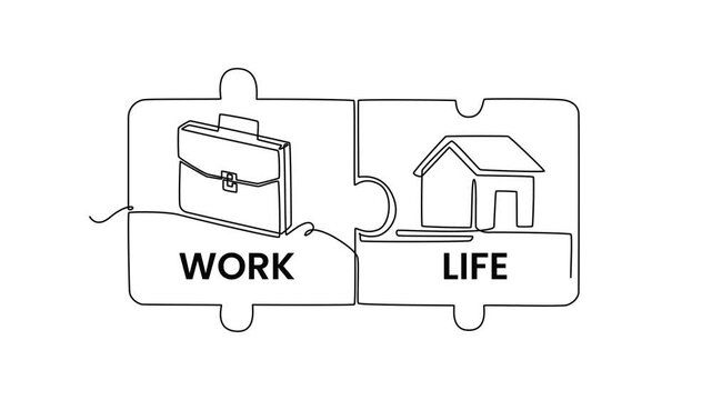 Work and life fit together like two matching pieces.Work life balance concept. Single line draw design. Full length animation illustration. High quality 4k footage