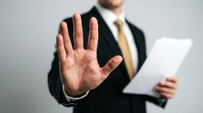 Setting a boundary and showing refusal, a businessman uses an open palm gesture while denying a document.