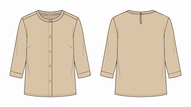 Women's Casual Beige Button Down Blouse Technical Flat Sketch with Front and Back View Fashion Apparel