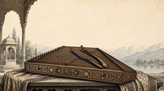 Traditional Indian Wooden Santoor Hammered Dulcimer Vintage Background