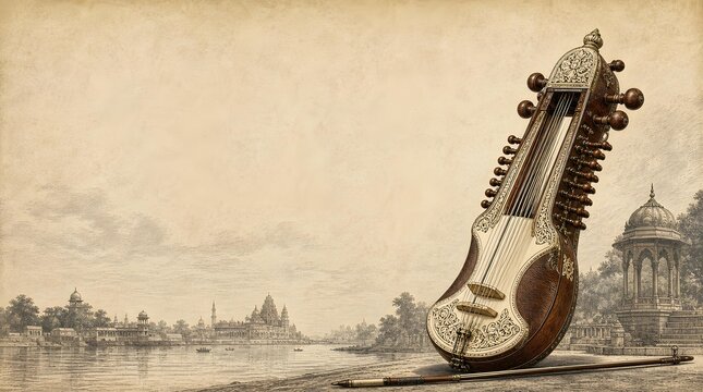Traditional Indian Sarangi Bowed Stringed Instrument Vintage Background