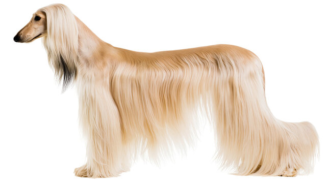 Elegant Afghan Hound with long flowing blonde fur, isolated on transparent background