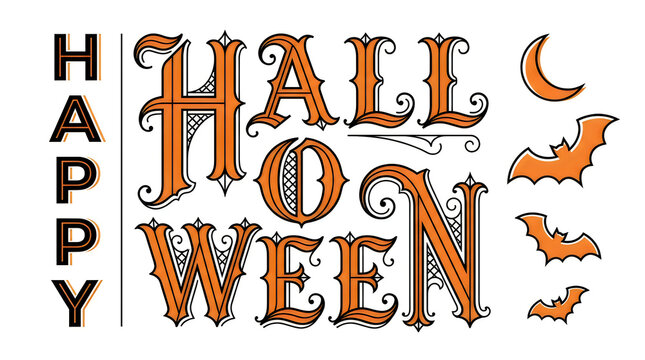 A vibrant and festive happy halloween image featuring stylized lettering and playful autumnal animal illustrations