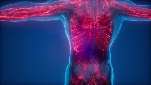 A futuristic 3D visualization showing human anatomy from a rear view, revealing a circulatory or nervous system glowing with a radiant red (neon) light inside a translucent blue body silhouette.