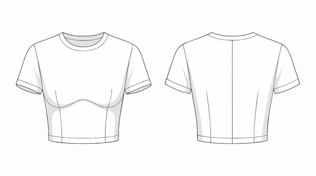 White Short Sleeve Crop Top Technical Drawing for Fashion Design Illustration with Front and Back View Templates
