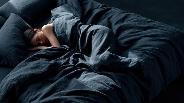 Woman sleeping peacefully in dark linen bed under cozy blanket at home