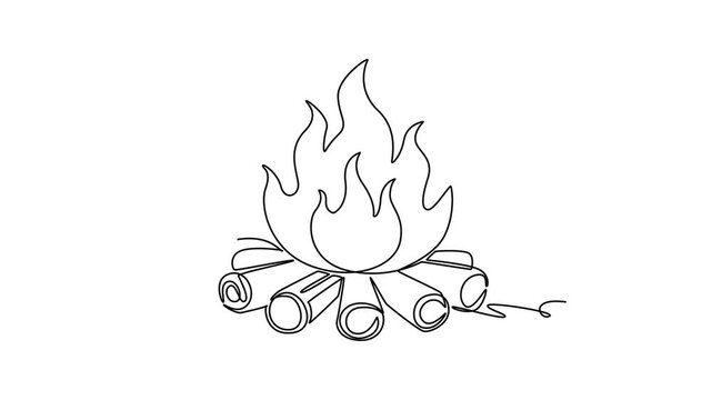 A glowing campfire that brings warmth on crisp autumn nights.Autumn concept. Single line draw design. Full length animation illustration. High quality 4k footage