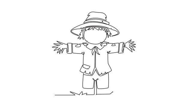 A friendly scarecrow standing in the field to protect the autumn crops.Autumn concept. Single line draw design. Full length animation illustration. High quality 4k footage