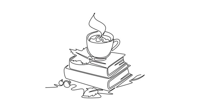 A steaming cup of coffee resting on a stack of books for a relaxing autumn day.Autumn concept. Single line draw design. Full length animation illustration. High quality 4k footage