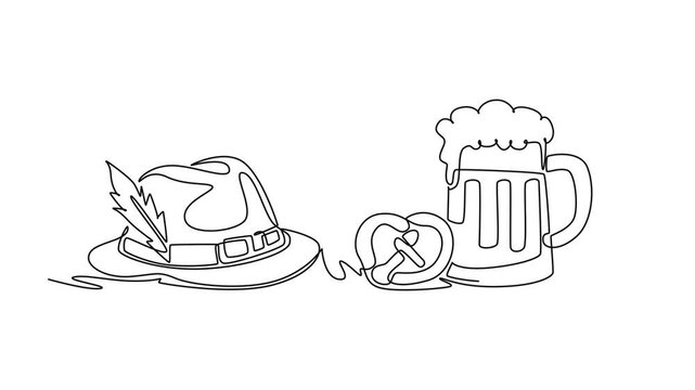 Alpine hat and a frothy mug of beer for a festive autumn meal.Autumn concept. Single line draw design. Full length animation illustration. High quality 4k footage