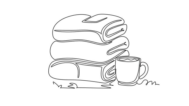 Soft folded blankets with a warm drink, creating a cozy fall atmosphere.Autumn concept. Single line draw design. Full length animation illustration. High quality 4k footage