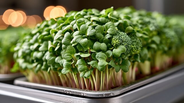 Fresh broccoli microgreens growing in tray indoors commercial farming