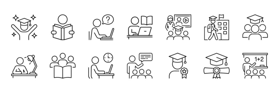 Collection of line icons depicting various educational activities and graduation ceremonies