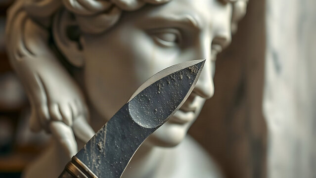 A sculptor's chisel poised for the final strike on a marble statue, dust in air.