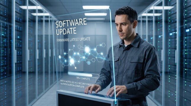 Man standing in server room touching transparent screen displaying software update progress bar and security patch notes, IT professional managing firmware installation