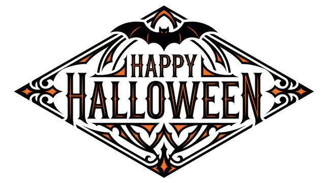 Vintage style happy halloween typography design with a flying bat illustration on a decorative diamond shaped background frame
