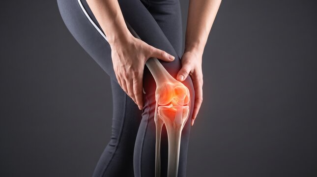 Woman holding knee in pain with anatomical x-ray overlay showing bone structure and joint inflammation, medical for arthritis injury treatment and orthopedic healthcare diagnosis.