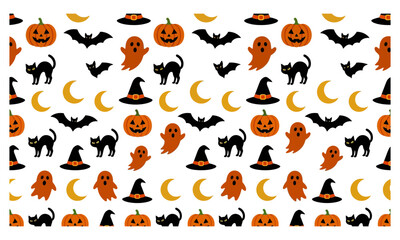 Obraz premium Seamless pattern with cute halloween elements like pumpkins ghosts black cats bats and witch hats on white background