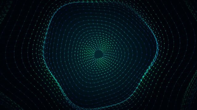 Circular ripple effect generated by glowing blue and green dots moving in a rhythmic digital animation video motion clip