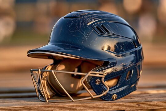 Scratched baseball batting helmet with face guard on wooden bench