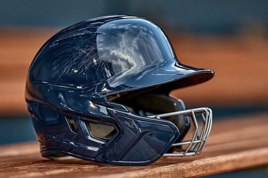 Baseball batting helmet with protective face mask on wooden dugout bench