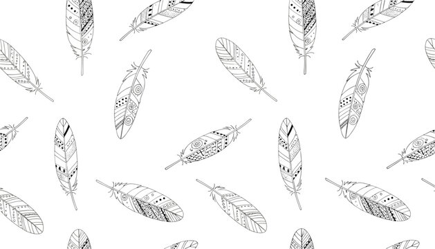 Seamless wallpaper pattern with highly detailed hand drawn boho style bird feathers isolated on a white background.