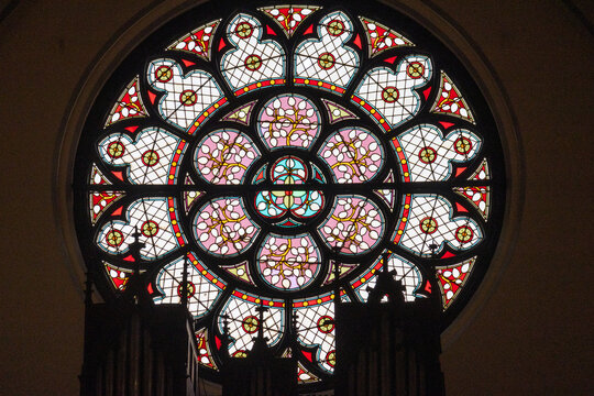 Gothic-style window at the Cathedral of Our Lady of the Assumption in Jakarta, Indonesia