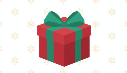Fototapeta premium Isometric red gift box tied with a big green ribbon on a cozy light background decorated with golden snowflakes.