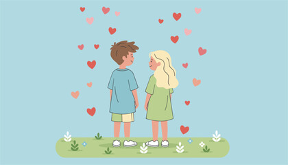Cute boy and girl standing on green grass, looking at each other with romantic hearts floating around them.
