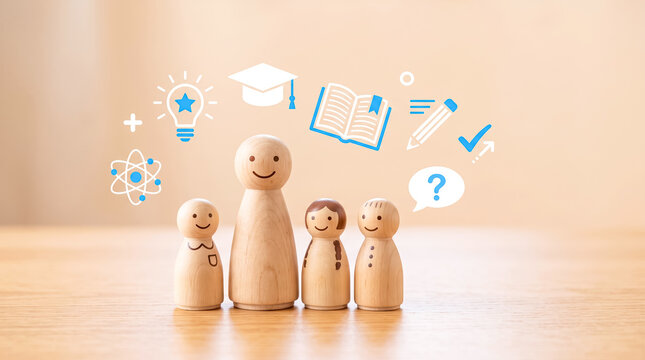 Creative wooden peg doll family learning with educational icons symbolizing growth and inspiration
