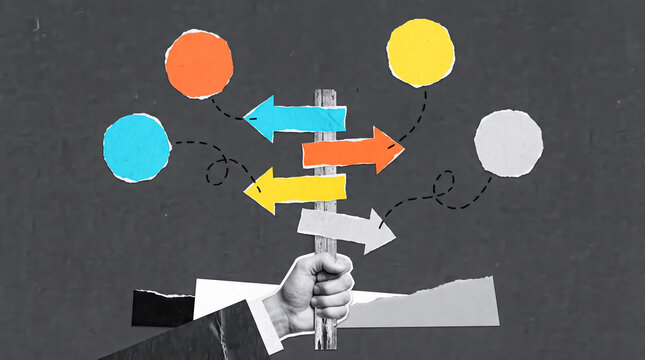 Hand holding wooden signpost with colorful arrows illustrating decision-making process