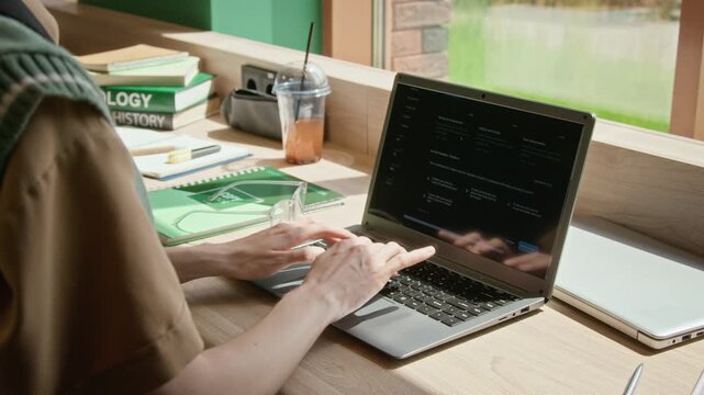 Female student typing on laptop while taking online test. Clip is perfect for e-learning platforms, educational marketing, and remote study advertisements
