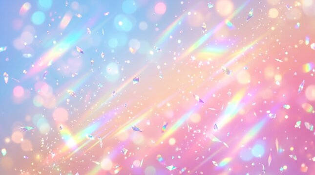 幻想的でキラキラ輝く、パステルカラーの虹色ボケと光の粒子が舞う背景素材、夢のようなグラデーションと光沢感のあるテクスチャ、イベントやデザインに最適なロマンチックなイメージ