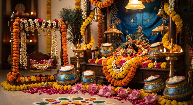 Beautifully decorated Lord Krishna shrine with swing, makhan matkis, and lotus flowers for Janmashtami celebration