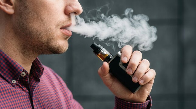 Man exhaling vapor from an electronic cigarette, close up view