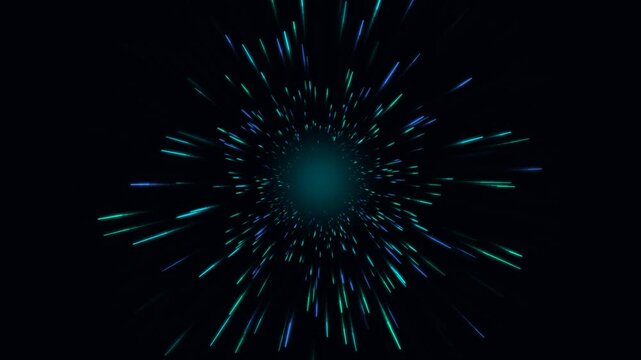 Radiant light trails erupt from deep black center creating intense motion in this digital animation video for cosmic hyperspace travel effects