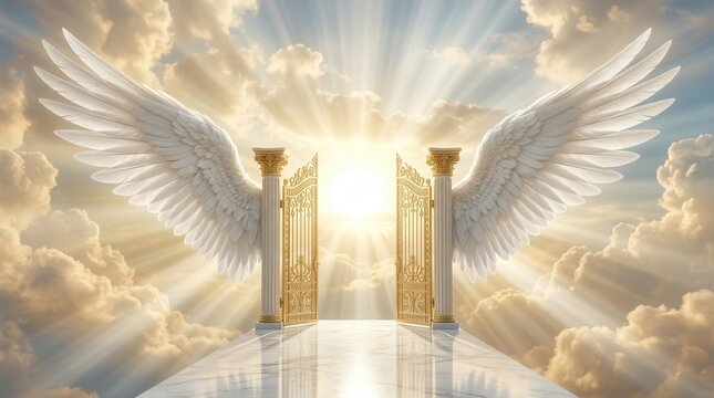 Cloudy sky backdrop with white angel wings and an open gate as a symbol of hope and spirituality