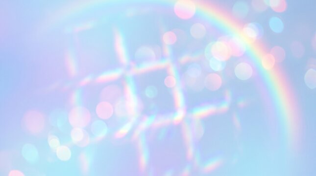 幻想的で夢のような虹色の光、パステルカラーのボケとグラデーションが織りなす魔法のような背景素材、柔らかく輝く光の粒が魅力的な抽象的テクスチャ