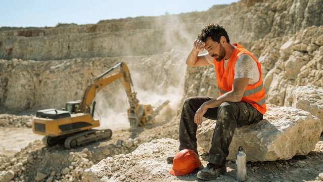 Exhausted construction worker in an orange safety vest wipes sweat from his forehead while resting on a rock at a dusty quarry under harsh summer sunlight