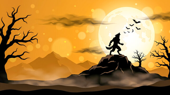 Mysterious werewolf howling under full moon in eerie desert landscape at night